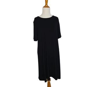 Eileen Fisher Jersey Swing Dress Black Short Sleeve Stretch Viscose Women Large